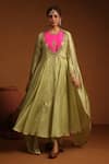 Label Niti Bothra_Green Anarkali And Pant Chanderi Silk Embroidery Colorblock Angrakha Set _at_Aza_Fashions