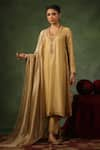 Buy_Label Niti Bothra_Gold Kurta And Pant Chanderi Silk Embroidery Zardozi U Neck Leaf Butta Set _at_Aza_Fashions