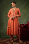 Shop_Label Niti Bothra_Peach Kurta And Pant Chanderi Silk Embroidery Zardozi U Neck Paan Butta Set _Online_at_Aza_Fashions