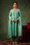 Buy_Label Niti Bothra_Blue Kurta And Pant Chanderi Silk Embroidery Zardozi U Neck Leaf Set _at_Aza_Fashions