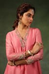 Shop_Label Niti Bothra_Pink Kurta And Pant Chanderi Silk Embroidery Zardozi V Neck Phool Neckline Set _Online_at_Aza_Fashions