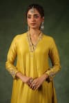 Label Niti Bothra_Yellow Kurta And Pant Chanderi Silk Embroidery Zardozi V Neck Neckline Set _Online_at_Aza_Fashions