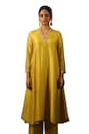 Shop_Label Niti Bothra_Yellow Kurta And Pant Chanderi Silk Embroidery Zardozi V Neck Neckline Set _Online_at_Aza_Fashions