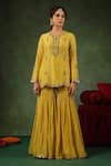 Buy_Label Niti Bothra_Yellow Chanderi Silk Embroidery Zardozi Round Floral Stripe Kurta Sharara Set _Online_at_Aza_Fashions