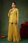 Shop_Label Niti Bothra_Yellow Chanderi Silk Embroidery Zardozi Round Floral Stripe Kurta Sharara Set _Online_at_Aza_Fashions