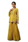 Label Niti Bothra_Yellow Chanderi Silk Embroidery Zardozi Round Floral Stripe Kurta Sharara Set _at_Aza_Fashions