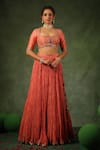 Label Niti Bothra_Peach Chanderi Silk Embroidery Zardozi Scoop Neck Lehenga Set _Online_at_Aza_Fashions