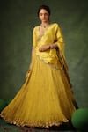 Label Niti Bothra_Yellow Chanderi Silk Embroidery Zardozi V Neck Butta Lehenga Set _Online_at_Aza_Fashions