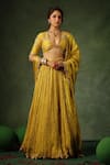 Buy_Label Niti Bothra_Yellow Chanderi Silk Embroidery Zardozi V Neck Butta Lehenga Set 