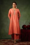 Label Niti Bothra_Peach Kurta And Pant Chanderi Silk Embroidery Zardozi Round Leaf Stripe Set _at_Aza_Fashions