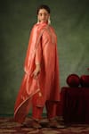 Shop_Label Niti Bothra_Peach Kurta And Pant Chanderi Silk Embroidery Zardozi Round Leaf Stripe Set 