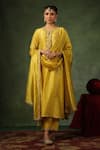 Buy_Label Niti Bothra_Yellow Kurta And Pant Chanderi Silk Embroidery Zardozi Round Patti Set _at_Aza_Fashions