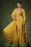 Label Niti Bothra_Yellow Chanderi Silk Embroidery Zardozi Leaf Neck Phool Butta Lehenga Set _at_Aza_Fashions