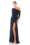 Buy_Mac Duggal_Blue Jersey Fabric Embellished Stone Off Shoulder Slit Gown _at_Aza_Fashions