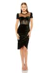 Buy_Mac Duggal_Black Velvet Fabric Solid Round Lace Panel Draped Dress _at_Aza_Fashions