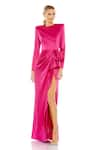 Buy_Mac Duggal_Magenta Satin Fabric Solid Round Ruffle Slit Gown _at_Aza_Fashions