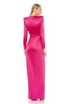 Shop_Mac Duggal_Magenta Satin Fabric Solid Round Ruffle Slit Gown _at_Aza_Fashions