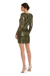 Shop_Mac Duggal_Green Mesh Embellished Sequin Plunge V-neck Bead Dress _at_Aza_Fashions