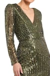 Mac Duggal_Green Mesh Embellished Sequin Plunge V-neck Bead Dress _Online_at_Aza_Fashions