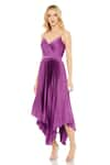 Buy_Mac Duggal_Purple Satin Fabric Solid V-neck Pleated Asymmetric Dress _at_Aza_Fashions