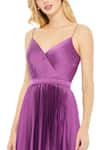 Mac Duggal_Purple Satin Fabric Solid V-neck Pleated Asymmetric Dress _Online_at_Aza_Fashions