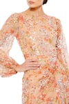 Mac Duggal_Orange 100% Polyester Embellished Sequin Round Floral Print Slit Gown _Online_at_Aza_Fashions