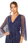 Mac Duggal_Blue Net Embellished Sequin V-neck Cape Sleeve Gown _Online_at_Aza_Fashions