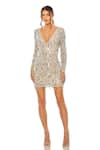 Buy_Mac Duggal_Beige Net Embellished Sequin V-neck Tassel Dress _at_Aza_Fashions