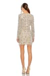 Shop_Mac Duggal_Beige Net Embellished Sequin V-neck Tassel Dress _at_Aza_Fashions