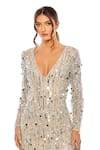 Mac Duggal_Beige Net Embellished Sequin V-neck Tassel Dress _Online_at_Aza_Fashions