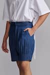 Dash and Dot_Blue 100% Cotton Solid Pleated Denim Shorts _Online_at_Aza_Fashions