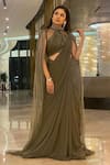 Buy_Chaashni by Maansi and Ketan_Green Lycra Embroidered Bead Blouse High Neck Pre-draped Saree Cape Set 