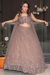 Shop_Chaashni by Maansi and Ketan_Brown Net Embroidered Sequins Off Shoulder Cutdana Gradient Lehenga Set 