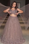 Shop_Chaashni by Maansi and Ketan_Brown Net Embroidered Sequins Off Shoulder Cutdana Gradient Lehenga Set _Online