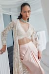 Istya_Pink Jacket Net Applique Sequins Front Floral Embroidered And Draped Skirt Set _Online_at_Aza_Fashions