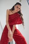 Istya_Red Net Embroidery Linear Asymmetric Floral Sequin One Shoulder Top With Pant _Online_at_Aza_Fashions