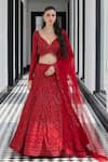 Buy_Istya_Red Net Embroidery Sequins Paan Neck Jharokha Floral Bridal Lehenga Set _at_Aza_Fashions