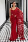 Buy_Istya_Red Net Embroidery Sequins Sweetheart Neck Tonal Floral Saree With Blouse _at_Aza_Fashions