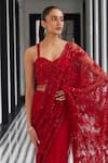 Istya_Red Net Embroidery Sequins Sweetheart Neck Tonal Floral Saree With Blouse _Online_at_Aza_Fashions