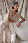 Buy_Istya_Beige Tissue Organza Embroidery Sequin Jacket Open Flared Pant Set _Online_at_Aza_Fashions