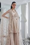 Istya_Beige Tissue Organza Embroidery Sequin Plunge V Neck Peplum Kurta Sharara Set _Online_at_Aza_Fashions