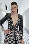 Istya_Black Net Embroidery Sequin Plunge V Neck Floral Patchwork Jacket And Skirt Set _Online_at_Aza_Fashions