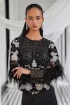 Istya_Black Top Net Embroidery Sequin Round Floral Patchwork And Pant Set _Online_at_Aza_Fashions