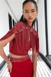 Shop_Istya_Red Embroidery Sequin Cape Collar Crystal Embellished And Skirt Set _at_Aza_Fashions