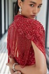 Istya_Red Embroidery Sequin Cape Collar Crystal Embellished And Skirt Set _Online_at_Aza_Fashions