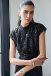 Istya_Black Top Organza Embroidery Sequin Round High Neck Floral And Draped Skirt Set _Online_at_Aza_Fashions