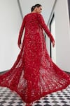 Shop_Istya_Red Jacket Net Embroidery Sequin Jacket Open Floral Draped Skirt Set _at_Aza_Fashions