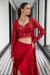 Istya_Red Jacket Net Embroidery Sequin Jacket Open Floral Draped Skirt Set _Online_at_Aza_Fashions