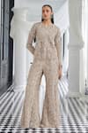 Buy_Istya_Beige Net Embroidery Sequin Notched Cutdana Jacket And Flared Pant Set _at_Aza_Fashions