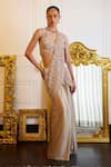 Buy_Istya_Beige Satin Net Embroidery Sequin Floral Pre-draped Slit Saree With Blouse _at_Aza_Fashions